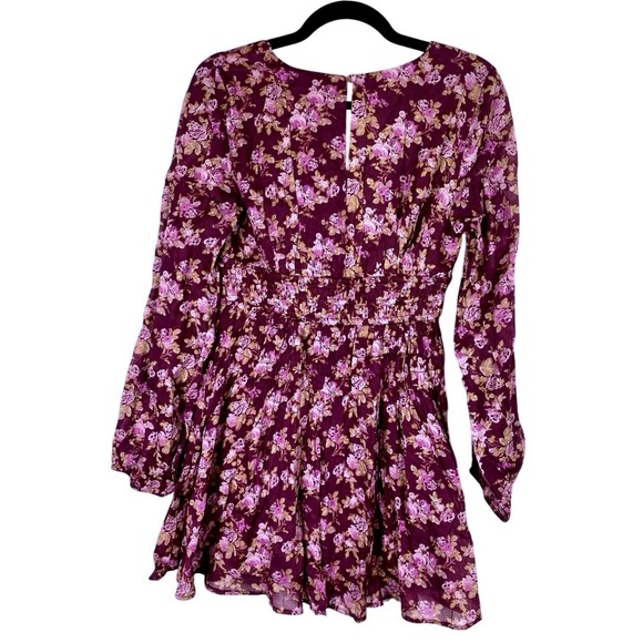 NWT Free People XS Mini‎ Dress Floral Purple Long Sleeve Boho Cottage Western FP - Picture 3 of 6